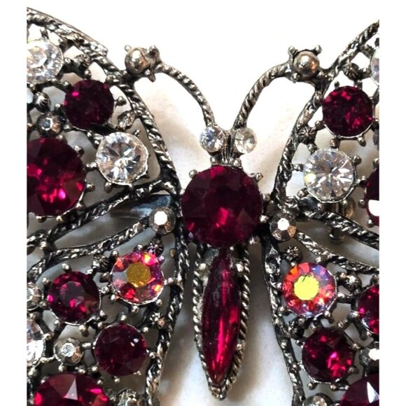 Vintage Weiss Rhinestone Butterfly Brooch Red & Clear Crystal Elegant Signed - Picture 4 of 10